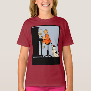 Girl playing the piano, dog, retro style T-Shirt