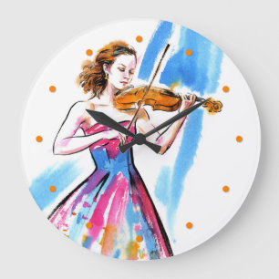 Girl playing the violin large clock