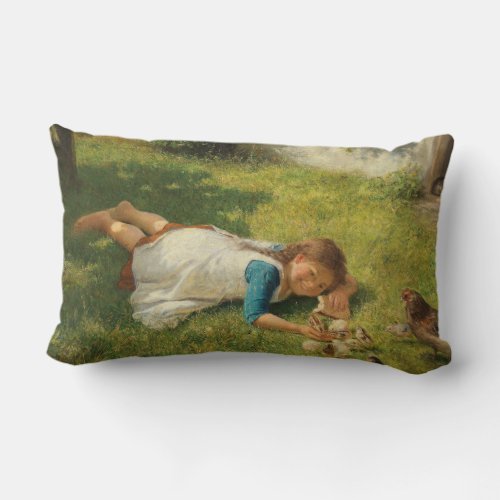 Girl Playing with Chicks Hen and Chicken Lumbar Pillow