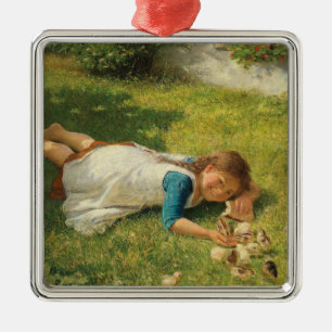 Girl Playing with Chicks (Hen and Chicken) Metal Ornament