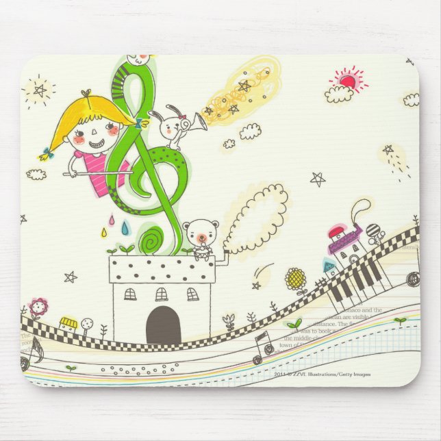 Girl playing with musical notes on house mouse pad (Front)