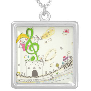 Girl playing with musical notes on house silver plated necklace