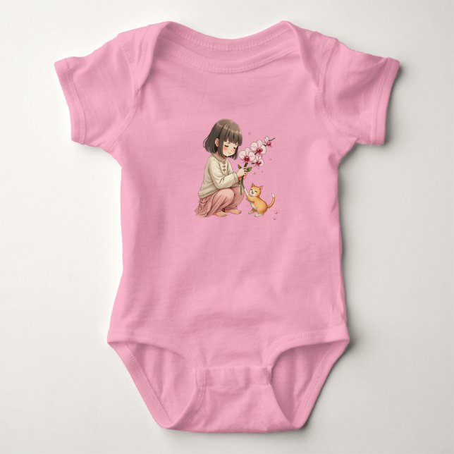 Girl playing with the Cat Baby Bodysuit (Front)
