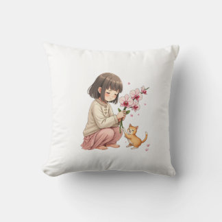 Girl playing with the Cat Throw Pillow