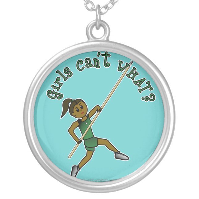 Girl Pole Vaulting - Green (Dark) Silver Plated Necklace (Front)
