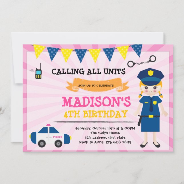 Girl police officer birthday invitation (Front)