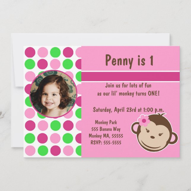 Girl Polka Dot Monkey Invite (Front)