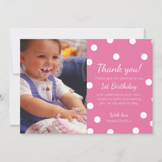 Girl polka dotted birthday thank you card (Front)