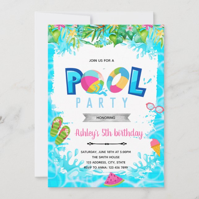 Girl pool birthday invitation (Front)