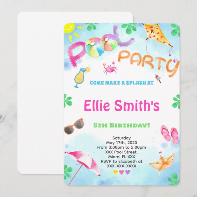 Girl Pool Birthday Invitation (Front/Back)