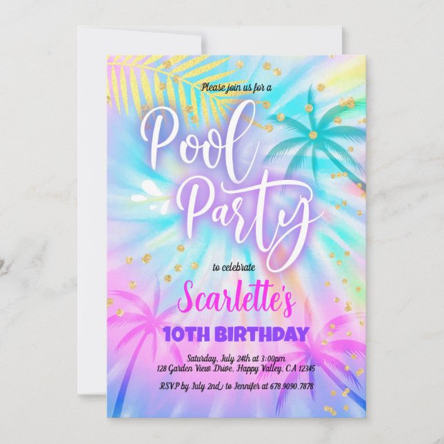 Girl Pool Party Birthday Pastel Tie Dye Invitation (Front)