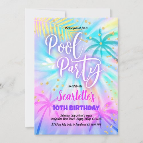 Girl Pool Party Birthday Pastel Tie Dye Invitation