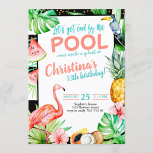 Girl Pool Party Birthday Tropical Flamingo Invitation