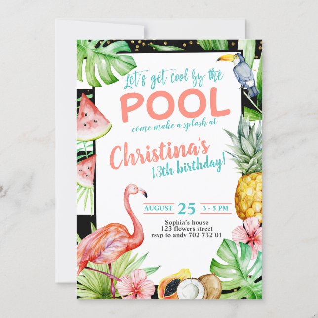 Girl Pool Party Birthday Tropical Flamingo Invitation (Front)