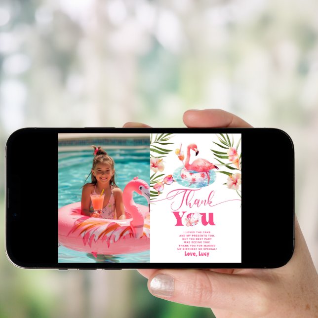 Girl Pool party flamingo photo thank you card (Front Digital)