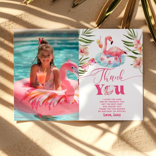 Girl Pool party flamingo photo thank you card