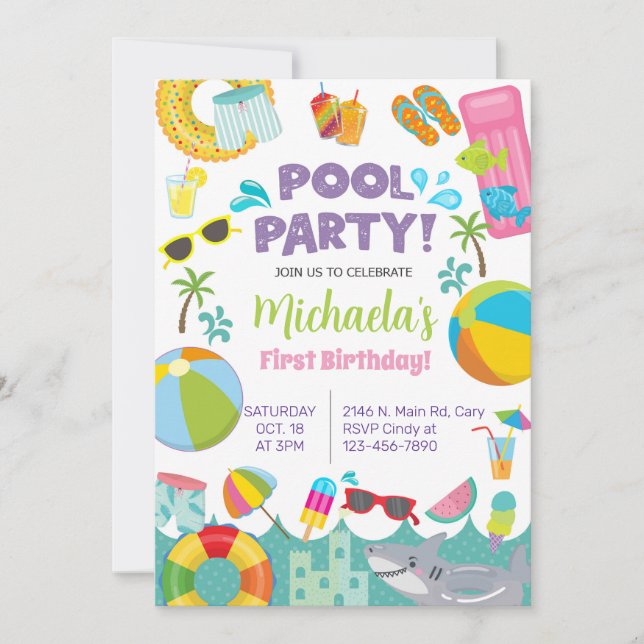 Girl pool party invitation, pool birthday bash. invitation (Front)