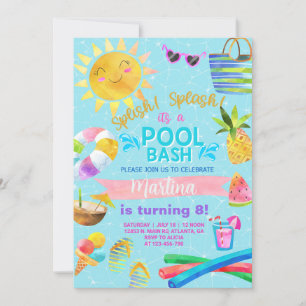 Girl pool party, pool bash summer invitation. invi invitation