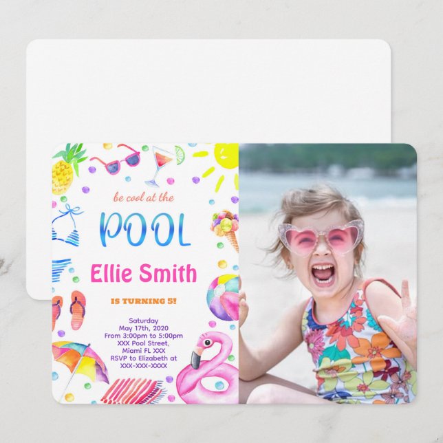 Girl Pool Photo Invitation (Front/Back)