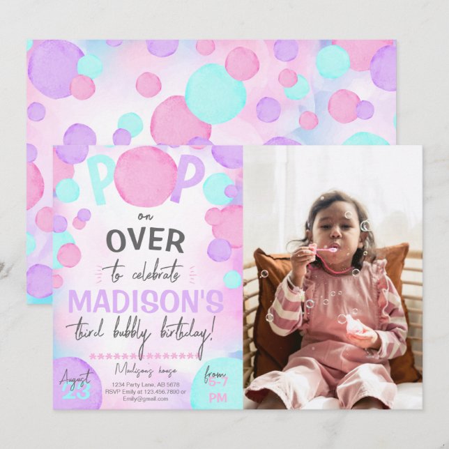 Girl Pop Over Bubble Photo Invitation (Front/Back)