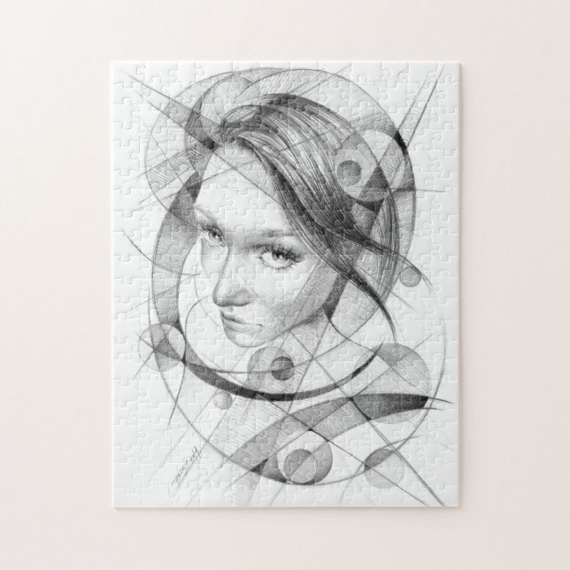 Girl portrait Drawing art Geometric Circles Lines Jigsaw Puzzle (Vertical)