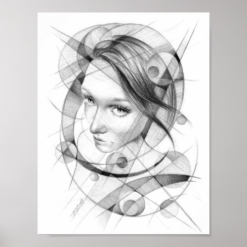 Girl portrait Drawing art Geometric Circles Lines Poster