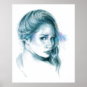Girl portrait pencil drawing art Blue Poster