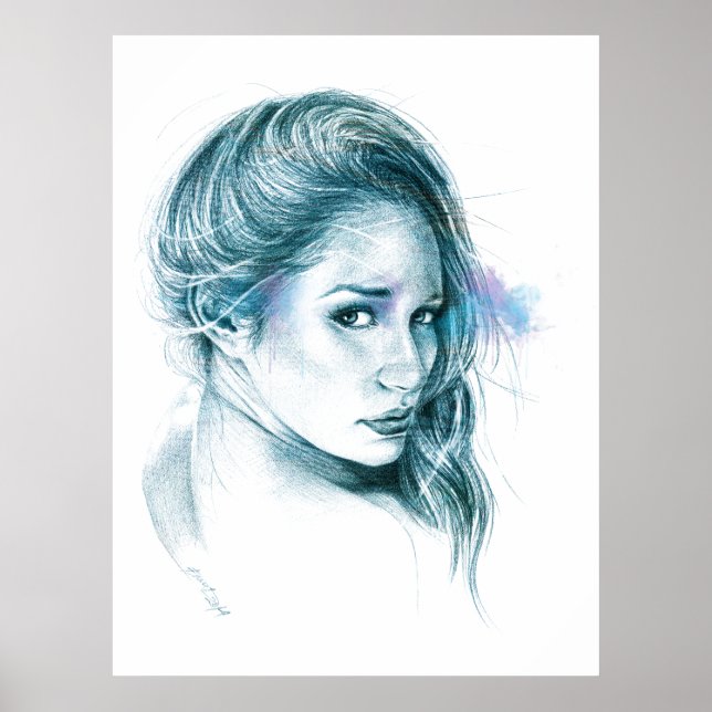 Girl portrait pencil drawing art Blue Poster (Front)