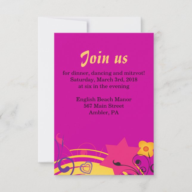 Girl Power Bright Bat Mitzvah Reception Party Card (Front)