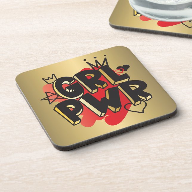 GIRL POWER, Crown & Hearts, Red & Gold Beverage Coaster (Left Side)