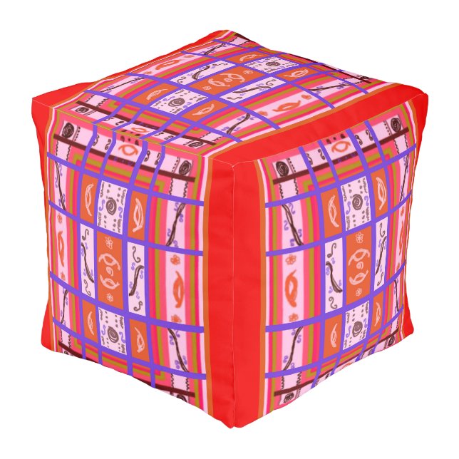 girl power curvy plaid cube pouf 18" x 18" (Angled Front)