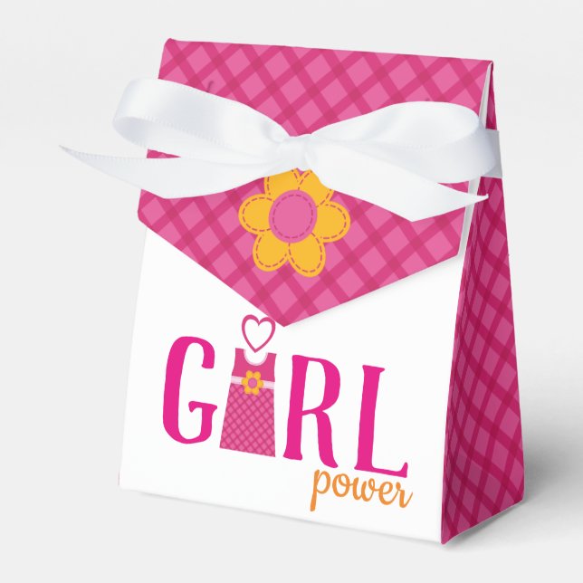 Girl power cute dress pink plaid stiched flowers favor boxes (Front Side)