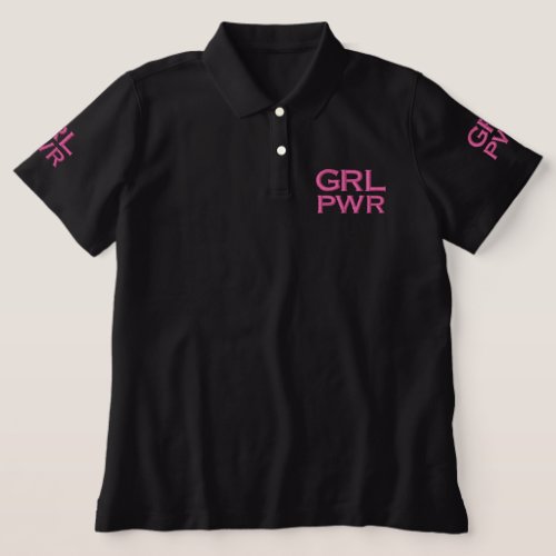 Girl Power Feminist Modern Minimal Black  Pink Embroidered Polo Shirt