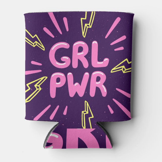 Girl power feminist slogan, violet background. can cooler (Front)