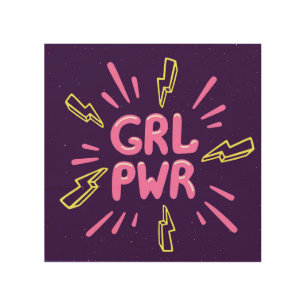 Girl power feminist slogan, violet background. wood wall art