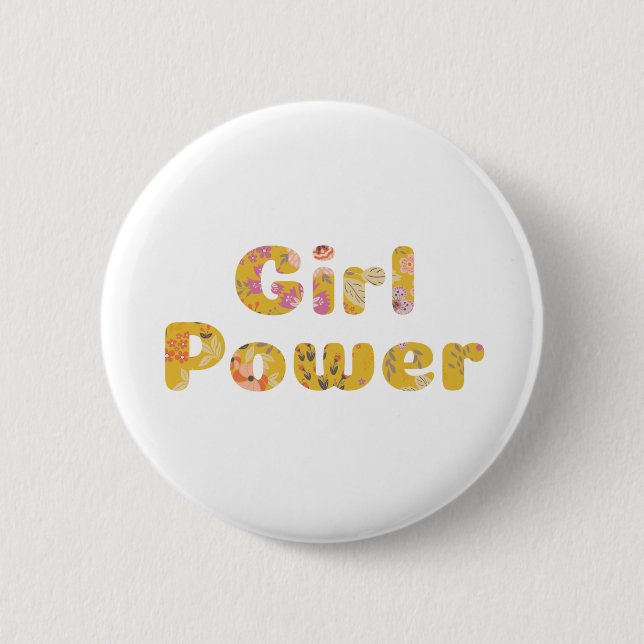 Girl Power Floral Lettering in Mustard Yellow Button (Front)