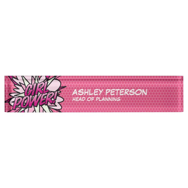 GIRL POWER Fun Retro Comic Book Pink Desk Name Plate (Front)