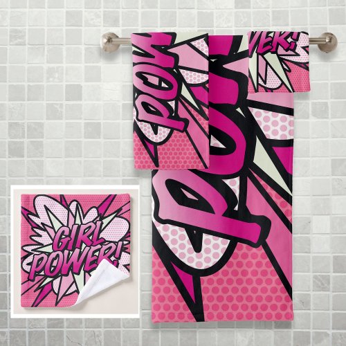 GIRL POWER Fun Retro Comic Book Pop Art Pink Bath Towel Set