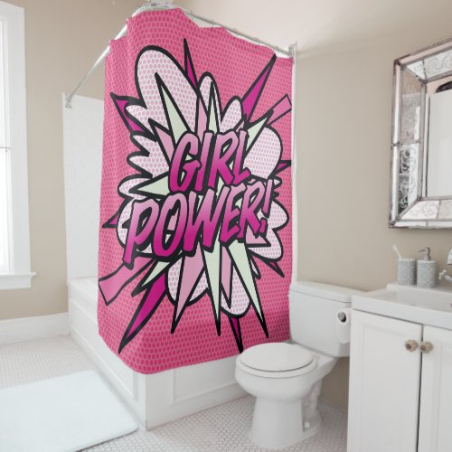 GIRL POWER Fun Retro Comic Book Pop Art Pink Shower Curtain