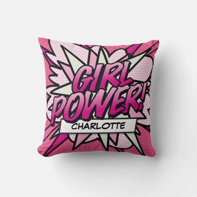GIRL POWER Fun Retro Comic Book Pop Art Throw Pillow (Front)