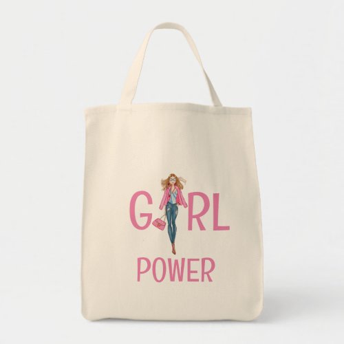 GIRL POWER IN JEANS AND PINK JACKET  TOTE BAG