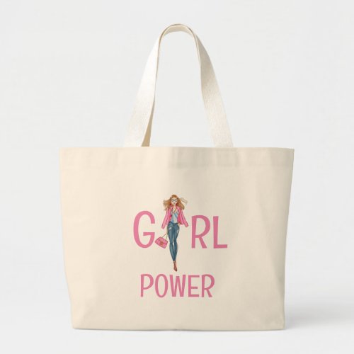 GIRL POWER IN JEANS AND PINK JACKET  TOTE BAG