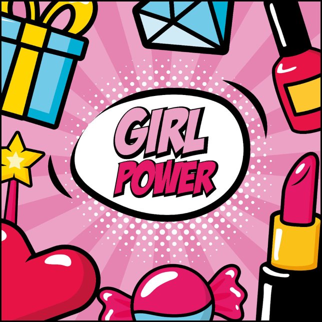 Girl Power Keychain (Pop art illustration with a pink background and white dots, featuring a speech bubble.)