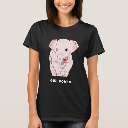Girl Power Pink Elephant Holding a Heart  T_Shirt