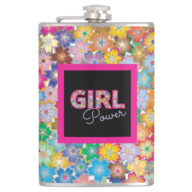 Girl Power | Pink Girly Beautiful Wildflower Women Flask (Front)