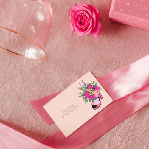 Girl Power Pink High Heels Floral Bouquet Business Card