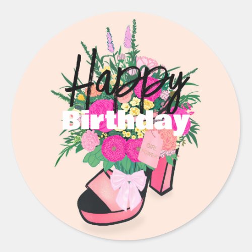 Girl Power Pink High Heels Floral Bouquet Classic Round Sticker