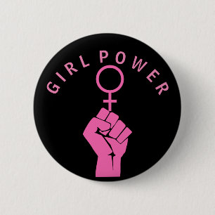 Girl Power Raised Fist And Woman Symbol Button