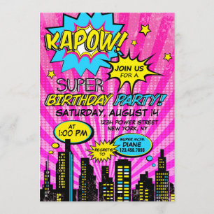 Girl Power Super Hero Comic Book Birthday Invitation