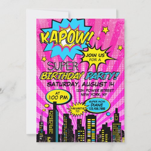 Girl Power Super Hero Comic Book Birthday Invitation